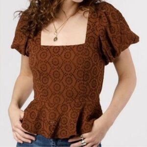 Band of the Free Brown Palmer Eyelet Boho Peplum Stretch Top Womens Sz Large NWT